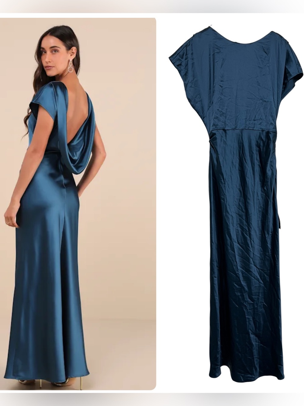 New Lulus Captivating Presence Dark Teal Satin Cowl-Back Evening Maxi Dress